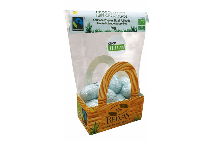 Sachet d’œufs de Pâques 1 saveur : des œufs pleins au chocolat noir. 150g / sans gluten, bio et commerce équitable (6,50 €)